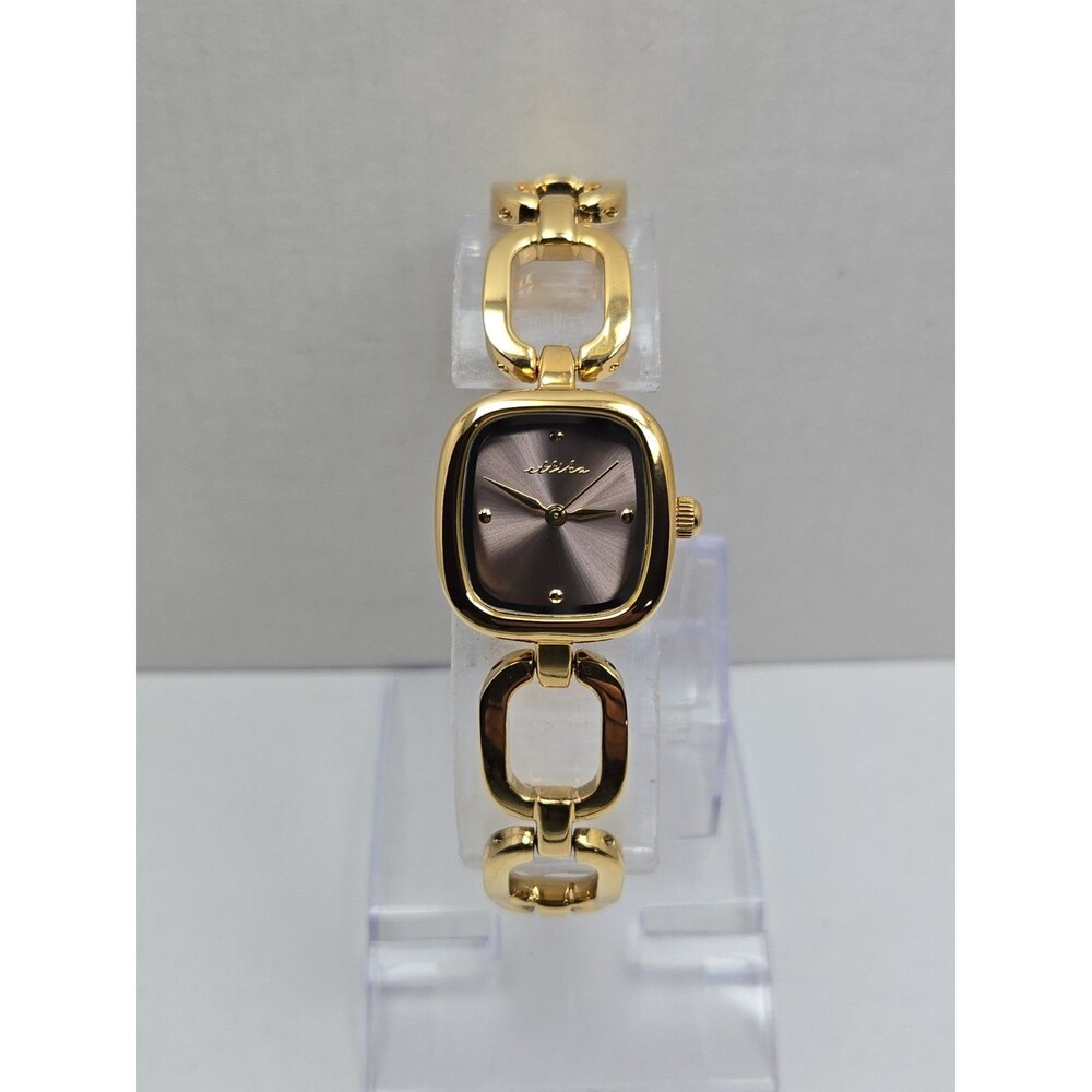 Ettika Square Link Womens 24K Gold Plated Quartz Bracelet Watch New Battery